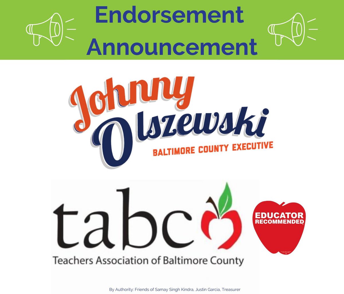 SamayKindra's tweet photo. We are thrilled to announce the endorsements of Balt. Co. Exec @JohnnyOJr and @TABCOEDUCATORS!

The endorsements truly recognize my commitment to bringing equity and opportunity to the students and educators of Baltimore County.

Press Release: https://t.co/KxmviwTO2O https://t.co/oHRl8GvznO