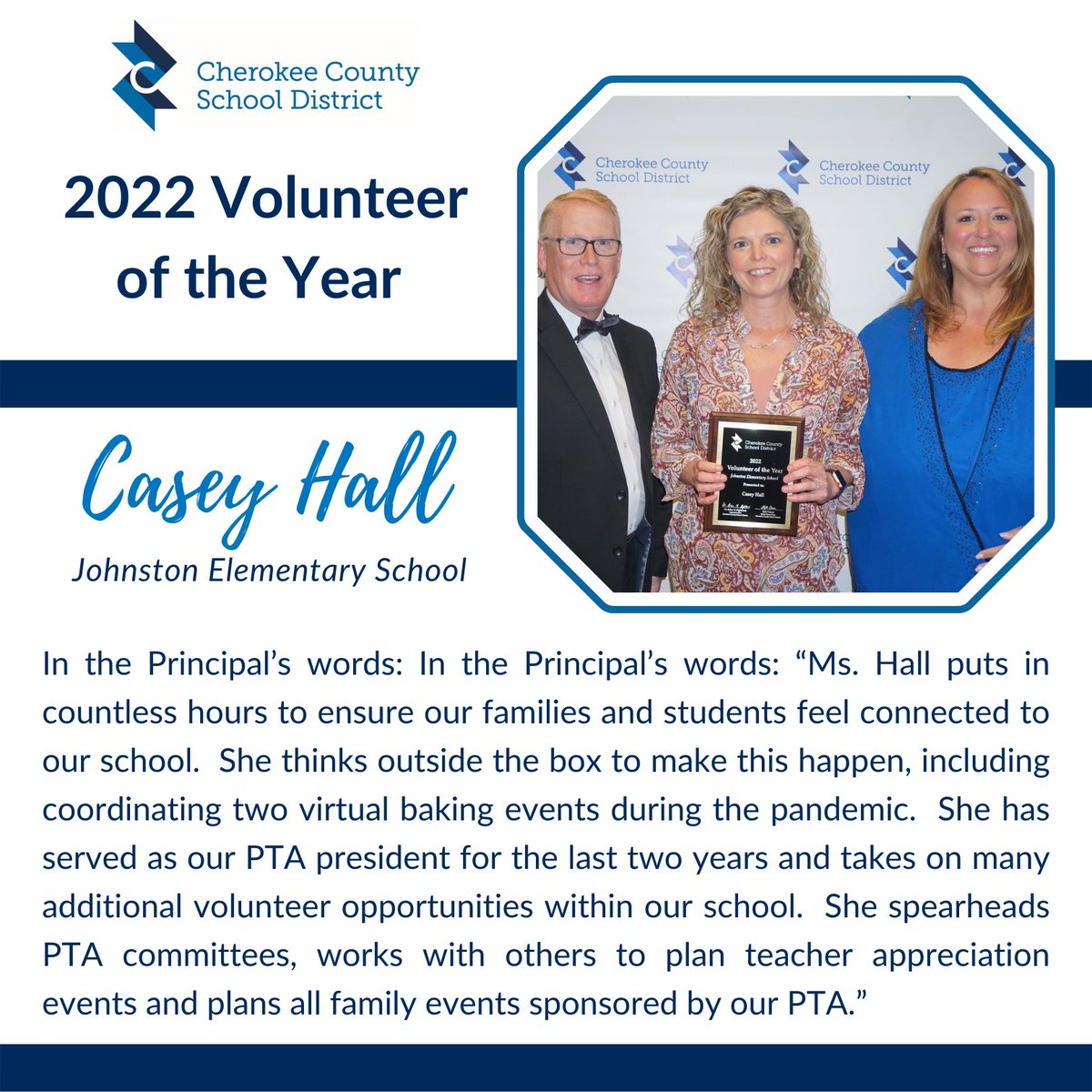 CherokeeSchools's tweet photo. Volunteers make a positive difference in our schools, which is why we spotlight them here ... congratulations to Johnston ES 2022 Volunteer of the Year: Casey Hall! #CCSDfam https://t.co/UOPPHhNxEV