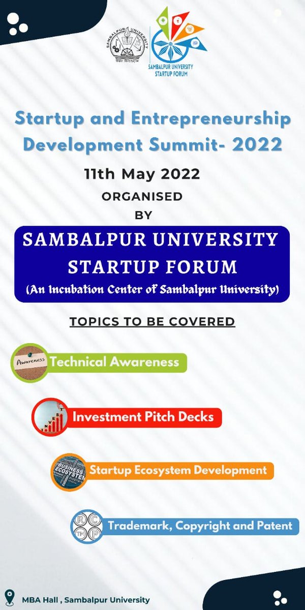 suniv_official's tweet photo. Sambalpur University, Startup Forum is organizing Startup and Entrepreneurship Development Summit on 11/05/22 at MBA Hall, SU.

Those who are interested are requested to register for the event on https://t.co/jV3hfEdf29

#sambalpuruniversity #startupsummit https://t.co/iJ9LbteoKn