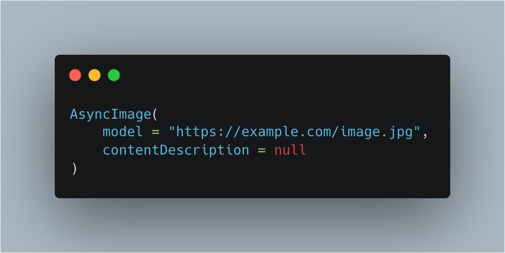 A code snippet of an async image composable with an example URL and null content description.
