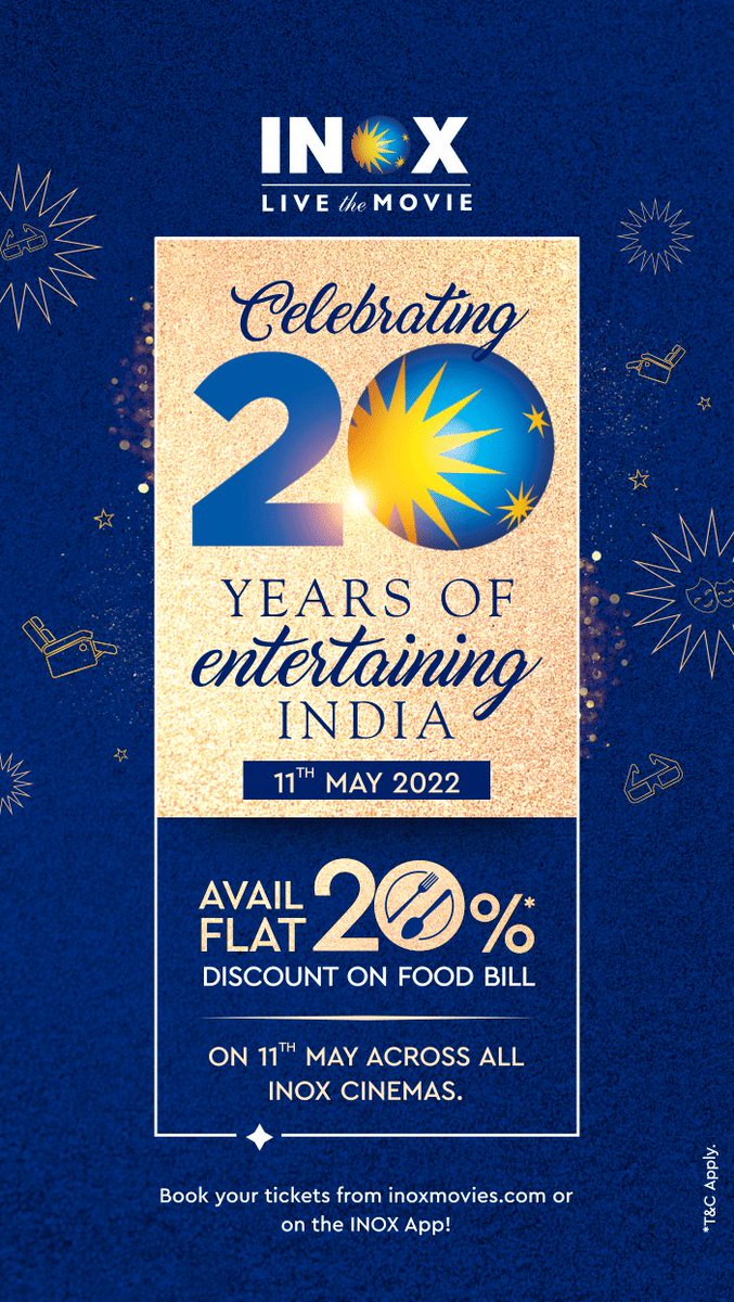 #INOX completes 20 years of entertaining India!
Your favourite multiplex chain completes 20 yrs &amp; we want to celebrate it with you. Just for today, you can enjoy a flat 20% off on your food bill at any INOX. Head over to INOX and celebrate #20YearsOfINOX with us. #LiveTheMovie