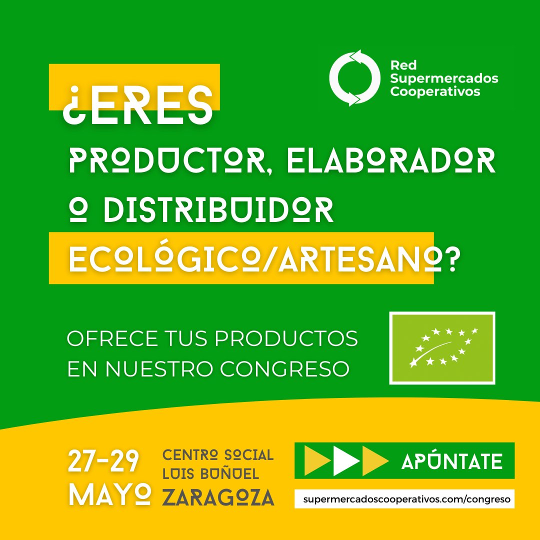 Aprovecha la oportunidad de llegar a miles de potenciales consumidores/as en nuestro #ICongresoSupermercadosCooperativos.

1. Patrocina las comidas con tus productos.
2. Participa en la Feria del domingo.

Infórmate en: supermercadoscooperativos.com/congreso 
¡Únete a la revolución alimentaria!