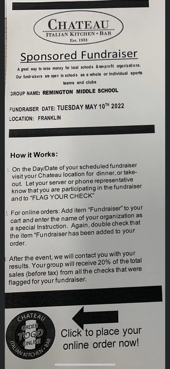 Take the night off from cooking!! Support RMS and local business, Chateau. 🍕 🍝