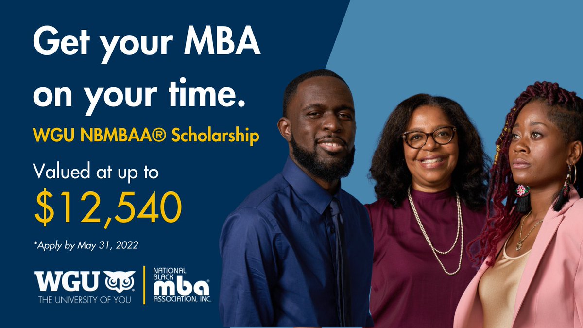 WGUTennessee's tweet photo. Thinking about getting your MBA? WGU is proud to partner with @nbmbaahq to offer up to three full graduate tuition scholarships to qualified members of the NBMBAA®.
Apply: https://t.co/ttZsZOpejg
#wgu #wgutennessee #blackmba #mba #scholarship https://t.co/H27NwuduGp