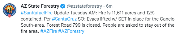 CCFirenIncident's tweet photo. 1004 Per #AzDFFM: #SanRafaelFire Update Tuesday AM: Fire is 11,611 acres and 12% contained. Per #SantaCruz SO: Evacs lifted w/ SET in place for the Canelo South-area. Forest Road 799 is closed. People are asked to stay out of the fire area. https://t.co/eer8nKUkRK