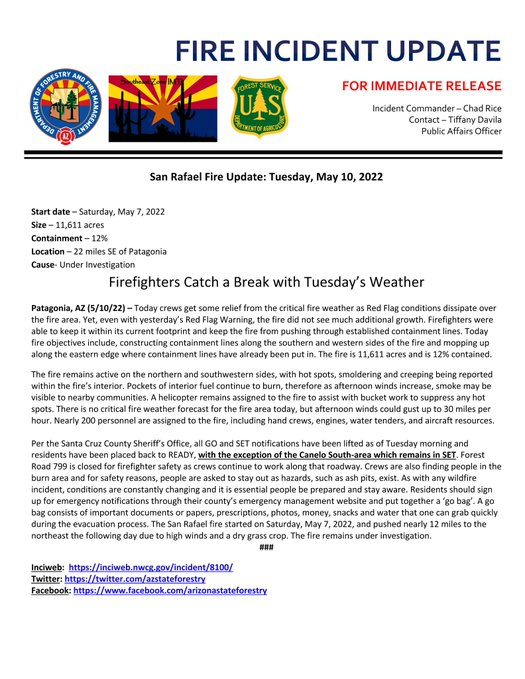 CCFirenIncident's tweet photo. 1004 Per #AzDFFM: #SanRafaelFire Update Tuesday AM: Fire is 11,611 acres and 12% contained. Per #SantaCruz SO: Evacs lifted w/ SET in place for the Canelo South-area. Forest Road 799 is closed. People are asked to stay out of the fire area. https://t.co/eer8nKUkRK