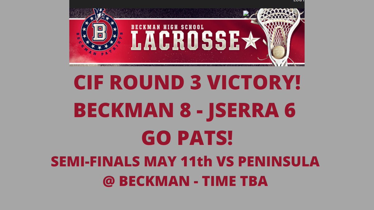 Great game yesterday for the <a href="/BeckmanBoysLax/">Beckman Boys Lax</a> with a big win over JSerra in the quarter finals. Next up Peninsula High in the semi-finals! Let’s pack the stands! #Go Pats! <a href="/BHSADFischel/">Steve Fischel</a> <a href="/beckman_hs/">Beckman High School</a> <a href="/ocvarsity/">ocvarsity</a> <a href="/OCSportsZone/">OC Sports Zone</a>