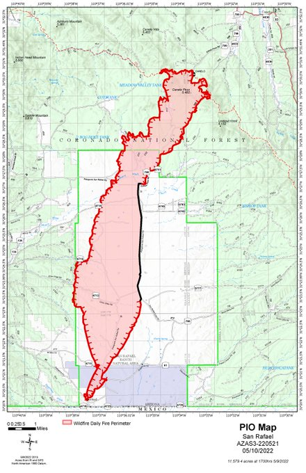 CCFirenIncident's tweet photo. 1004 Per #AzDFFM: #SanRafaelFire Update Tuesday AM: Fire is 11,611 acres and 12% contained. Per #SantaCruz SO: Evacs lifted w/ SET in place for the Canelo South-area. Forest Road 799 is closed. People are asked to stay out of the fire area. https://t.co/eer8nKUkRK