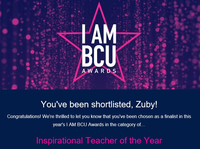 Two weeks ago I was nominated for "Inspirational Teacher of the Year" award. Today I found out that I'm a finalist. There were 788 nominations over the 19 categories. To be a finalist is an honour! Congrats to the nominees &amp; all the best to the finalists! 

#IAMBCU #IAMBCUAwards