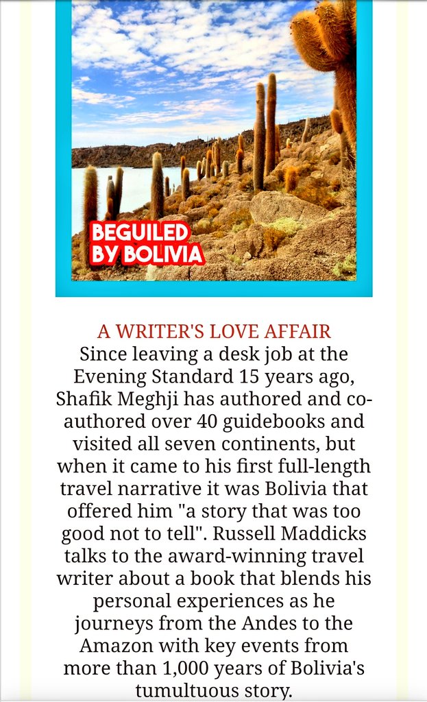 LatAmTravelist's tweet photo. When #travelwriter @ShafikMeghji sat down to write his first full-length travelogue it was #Bolivia that offered a story too good not to tell.
The result is his brilliant book #CrossedOffTheMap.
Read my interview with Shafik in Latino Life: https://t.co/YeRVuLBAOk
#VisitBolivia https://t.co/4rnAAJYxno