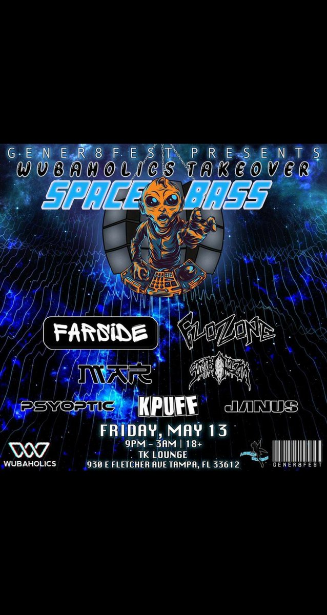 Next up: <a href="/Gener8Fest/">Gener8Fest</a> Friday [the] 13th in Tampa with my <a href="/wubaholics/">Wubaholics</a> boys &amp; more! This one's gonna be downright SILLY 🚀👽😁