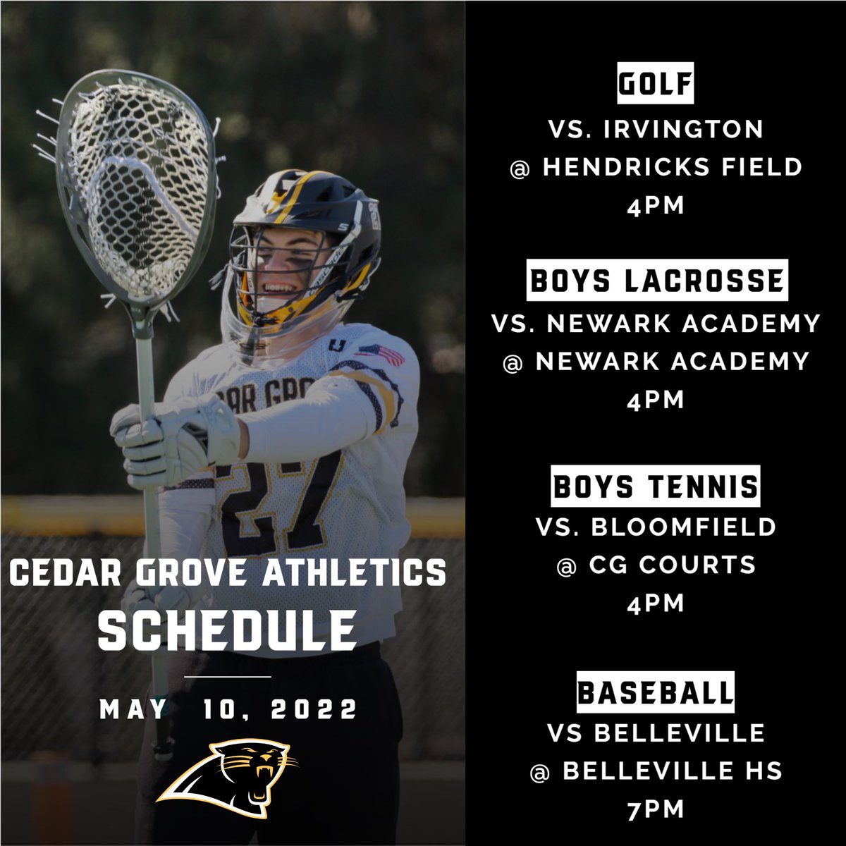 🚨GAMEDAY🚨
⛳️ @ Irvington - 4pm
Boys 🥍 @ Newark Academy - 4pm
Boys 🎾vs. Bloomfield - 4pm
⚾️ @ Belleville HS - 7pm
#LetsGoPanthers