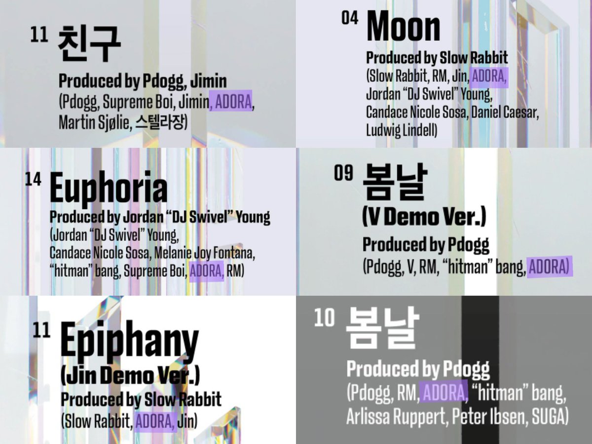 ADORA_base's tweet photo. #Adora is credited on 6 tracks from BTS upcoming anthology album "Proof", with her work from 2016 to 2020 under BigHit Ent.

- Spring Day
- Moon 
- Friends
- Euphoria 
- Spring Day (V demo)
- Epiphany (Jin demo) https://t.co/JjQNL254KE
