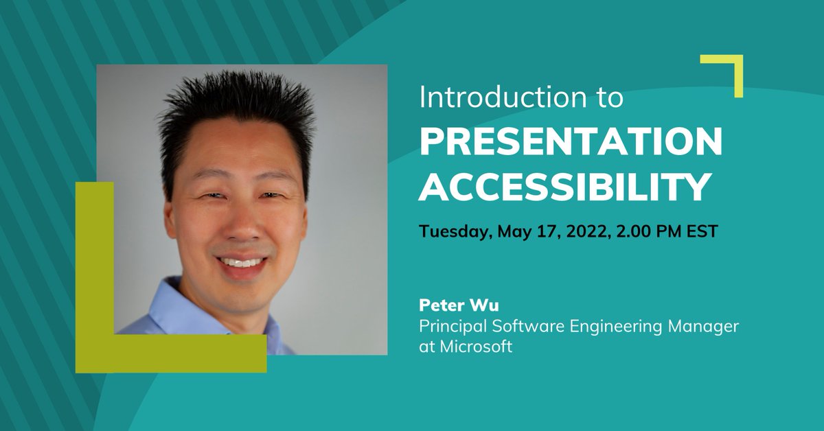 presentguild's tweet photo. Presentation accessibility is key.
The more people of all abilities your content reaches, the more likely you will have an impact.
Join Peter Wu for a webinar on May 17, 2022 at 2 PM EST for a deeper dive: https://t.co/wS9Sxsh9PK
#PresentationDesign #PresentationGuild https://t.co/kqGLb6rIeP