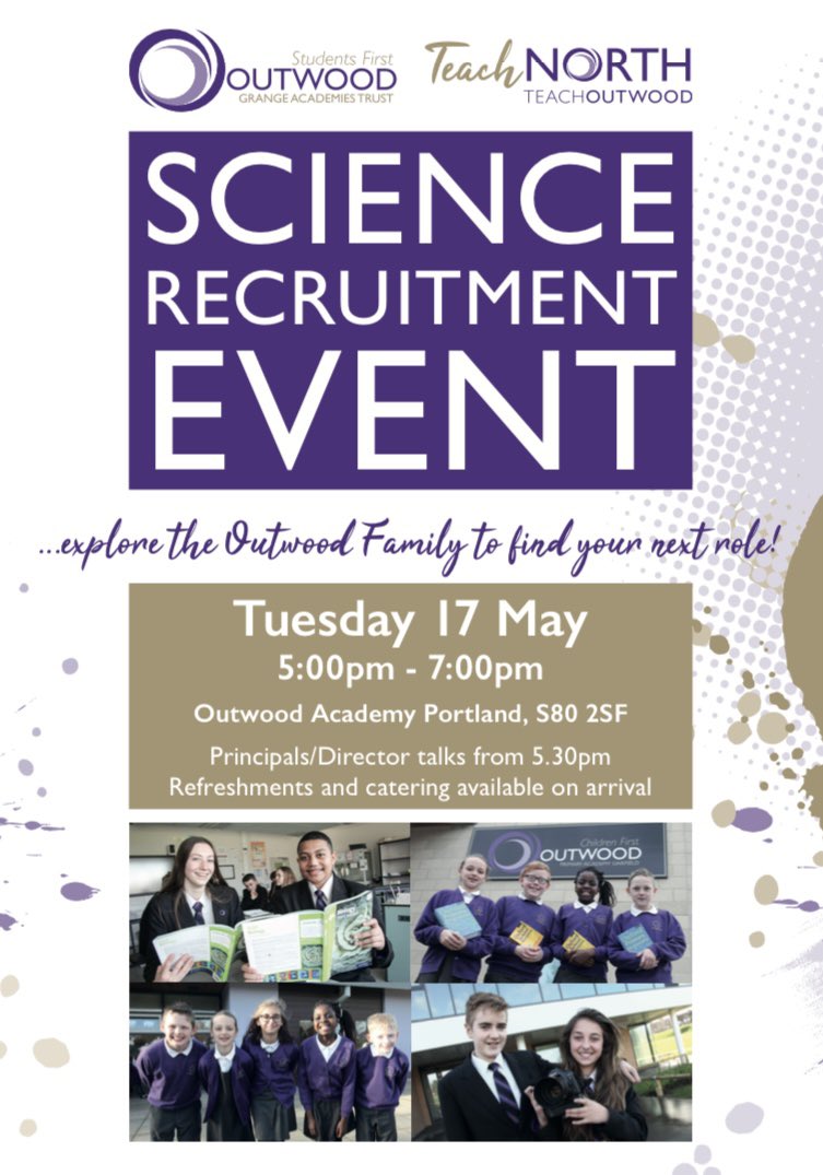 ScienceOAN's tweet photo. Find your next role in the Outwood Family - come along to the recruitment event at @OutwoodPortland on Tuesday 17th May. https://t.co/DhBVFW5oMH