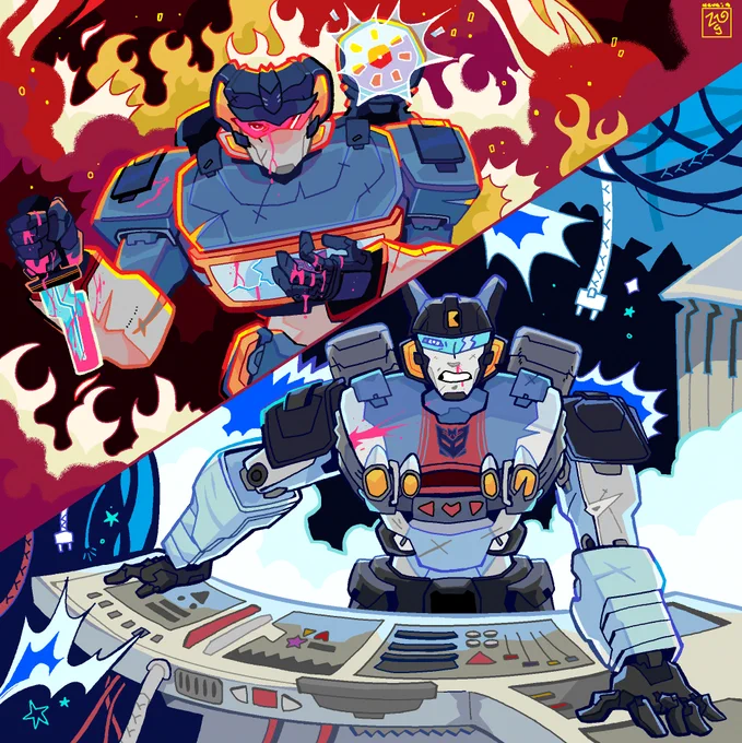 "Through the windscreen he can see the compound gate blown wide open. Soundwave stalks through it, wisps of smoke curling off his shoulder cannon from the shot to the Omnibus."
A tf comm based on a fic written by @/sattelitesoundwave !
#transformers #TF 