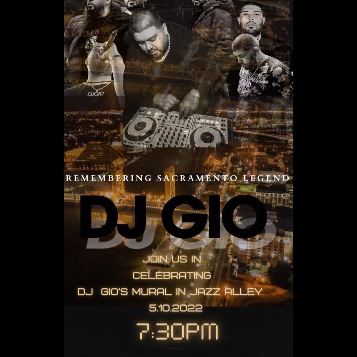 DiamondMinePR's tweet photo. Come out and celebrate DJ Gio’s Life and Legacy with us tonight. We’ll be gathering in front of his mural in downtown Sacramento near Odd Cookie. 

Please also stop by https://t.co/2qk3nKsgl6 and support the Foundation his family is creating by purchasing a shirt. https://t.co/TuddYzOb2a