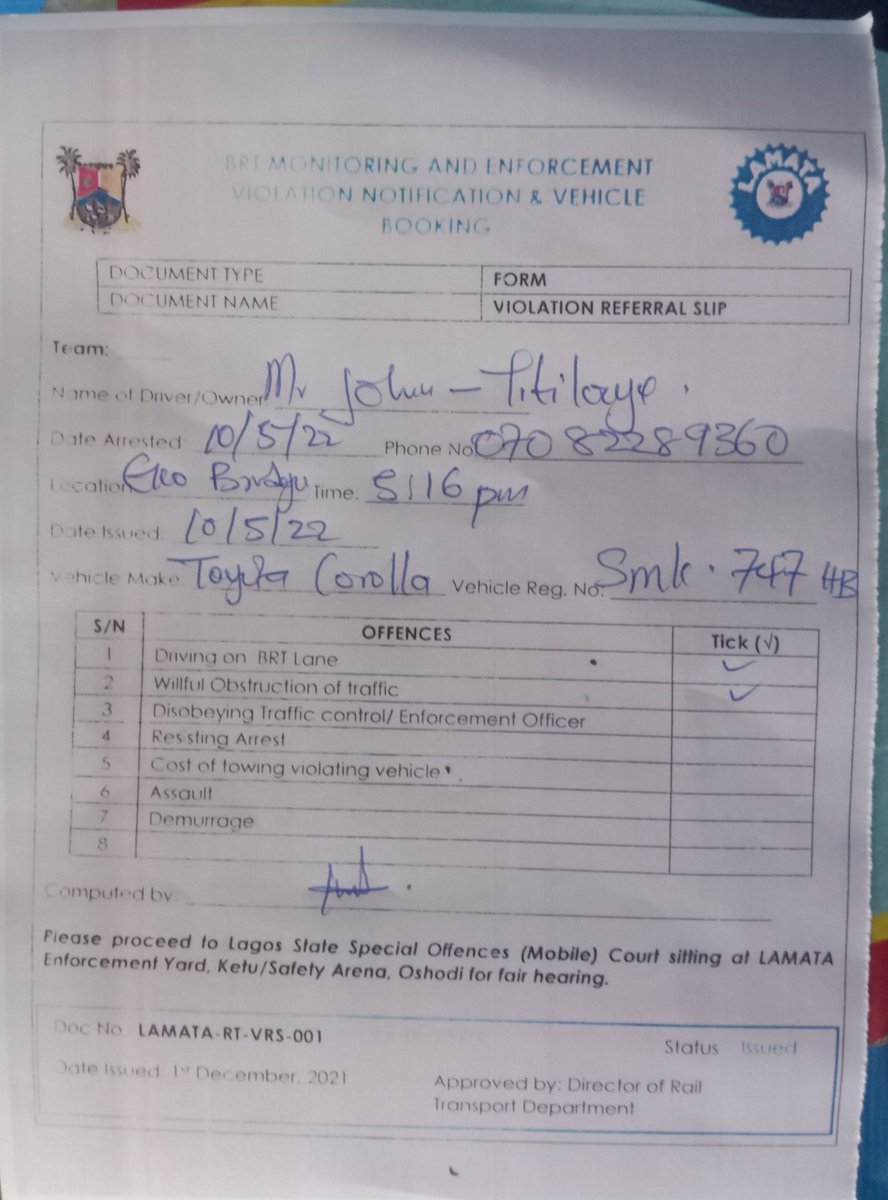 I crossed a BRT lane at Ijora Olopa to join the main lane on Eko bridge and at the office  the charge was changed to wilful obstruction of traffic
because I refused to settle cash..
I was in company of two legal practitioners.