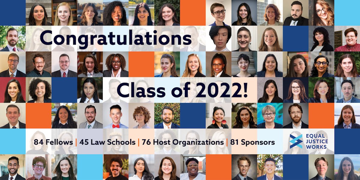 EJW_org's tweet photo. Congratulations, Class of 2022! You've worked hard &amp; the journey is just beginning.

To recap, that’s 84 new Fellows in the field, ready to fulfill our nation's promise of equal justice for all. Many thanks to the law schools, orgs, sponsors, &amp; friends who helped make it happen. https://t.co/NNsAz9Tn15