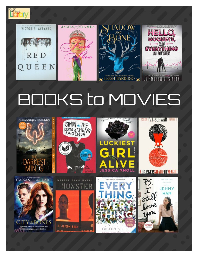 cheastlibrary's tweet photo. Check out the books on our main display. Let us know whether you like the book or the movie better! https://t.co/Ccqxs2cHmA https://t.co/wqbSg9CWMz