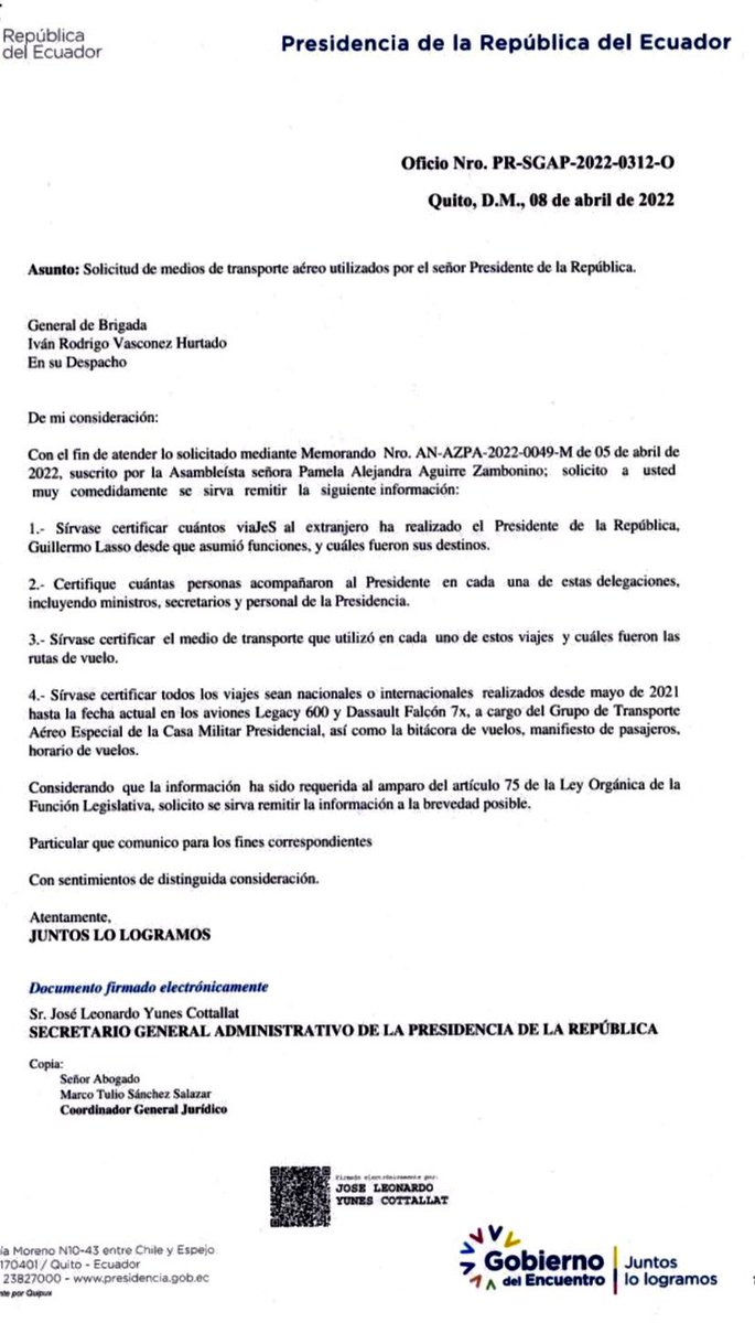 pameaguirre1's tweet photo. Presidente @LassoGuillermo 
🔴DOCE VIAJES EN UN AÑO
🔴Ha estado FUERA DEL PAÍS MÁS DE 60 días (DOS MESES).
🔴Viajó en los aviones Falcon y Lagacy que prometió vender

Inicié un proceso de fiscalización y la respuesta de @Presidencia_Ec es que “INFORMACIÓN RESERVADA”
¿Qué ocultan? https://t.co/KEhhDg1hRD