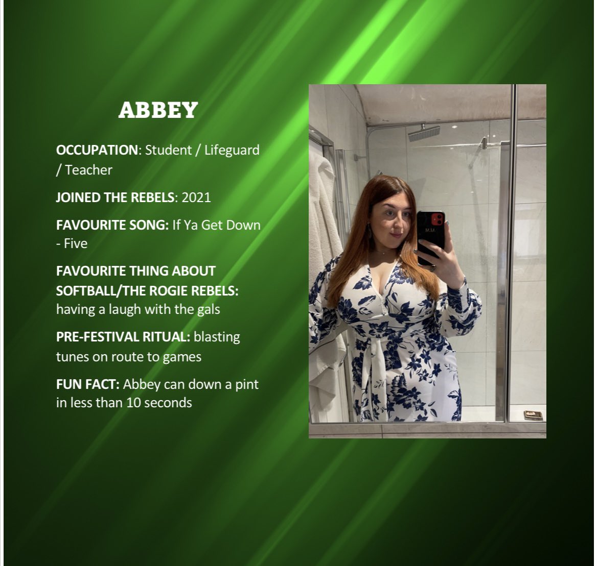 With less than a week until the season begins, let’s start to introduce the team to everyone! 

Everyone who we’ve played over the last year will recognise the life of the party at the Rogie Rebels - Abbey! 

#thisgirlcan #softballcricket #welshcricket