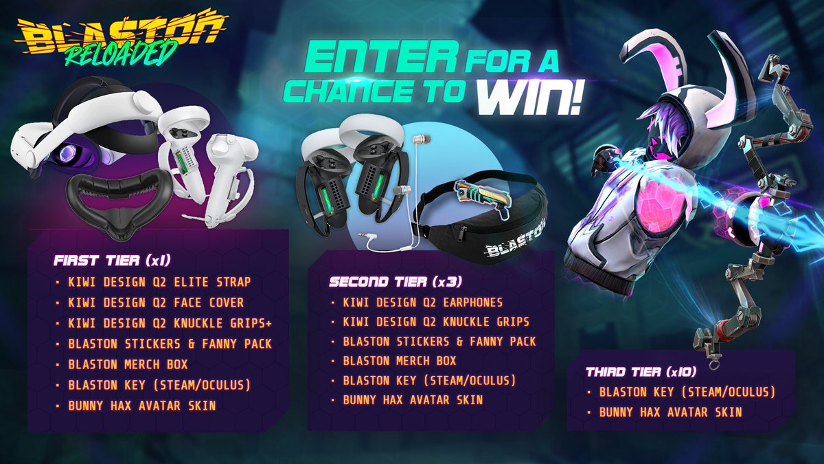BlastonGame's tweet photo. The Blaston: Reloaded Update is all about attachments, to celebrate this we're hosting a VR Accessories giveaway! 🎁🐰

Enter now for a chance to win merch, a copy of the game, and upgrades to your VR gear: https://t.co/e6SSa2Ho9k https://t.co/sryGNGxJSR
