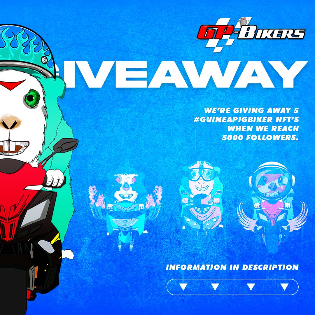 GuineaPigBikers's tweet photo. #NFTGiveaway! For early adopters! 🐹

We’re giving away 5 #GuineaPigBiker NFT’s when we reach 5000 followers.

To enter:
1️⃣ Like and Retweet
2️⃣ Follow us
3️⃣ Join our Discord (link in bio)
4️⃣ Tag 2 friends on this post

Let’s make it happen!
#NFT #nfts #nftartwork #nftcommunity https://t.co/MukJbO5xM8