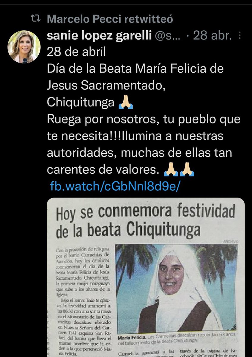 slgarelli_cnn's tweet photo. 😭😭😭😭😭😭😭El Fiscal Marcelo Pecci retuiteo este mensaje el 28 de abril. 🙏🏼🙏🏼🙏🏼🙏🏼🙏🏼🙏🏼🙏🏼🙏🏼 Ojalá en Paraguay hagamos honor a su lucha por lograr un pa��s mejor. El ya estará protegido por Dios y por nuestra Beata Chiquitunga. 🙏🏼🙏🏼🙏🏼🙏🏼 https://t.co/fMhepP9nDW