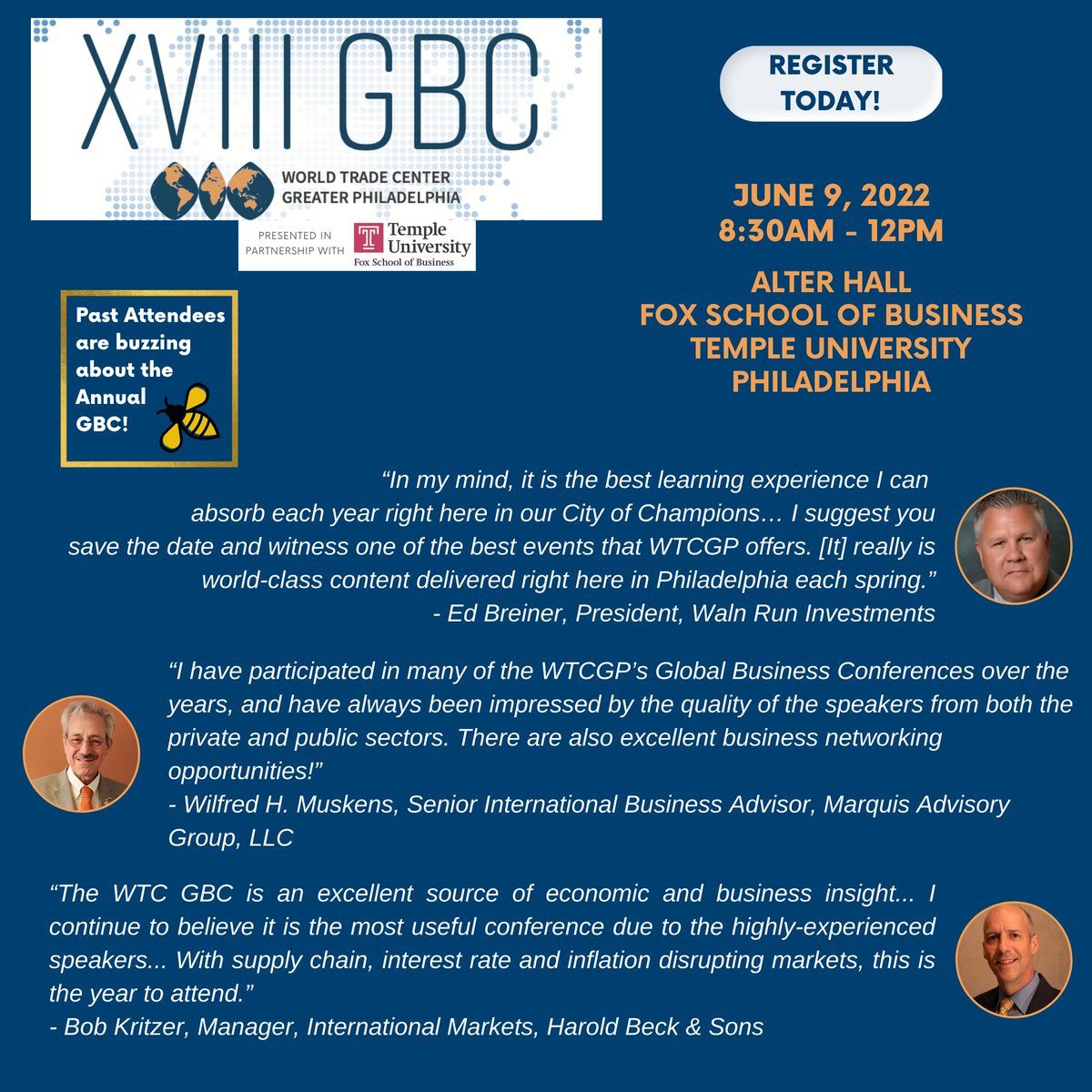WTCPhila's tweet photo. Early-bird pricing for the 18th Annual Global Business Conference ends in 2 days! Now is the time to learn how to position your company as a global industry leader. Reserve your spot today! https://t.co/GZxH0xgQbX
#GBC18 #WTCGP https://t.co/WdsdNj7Ism