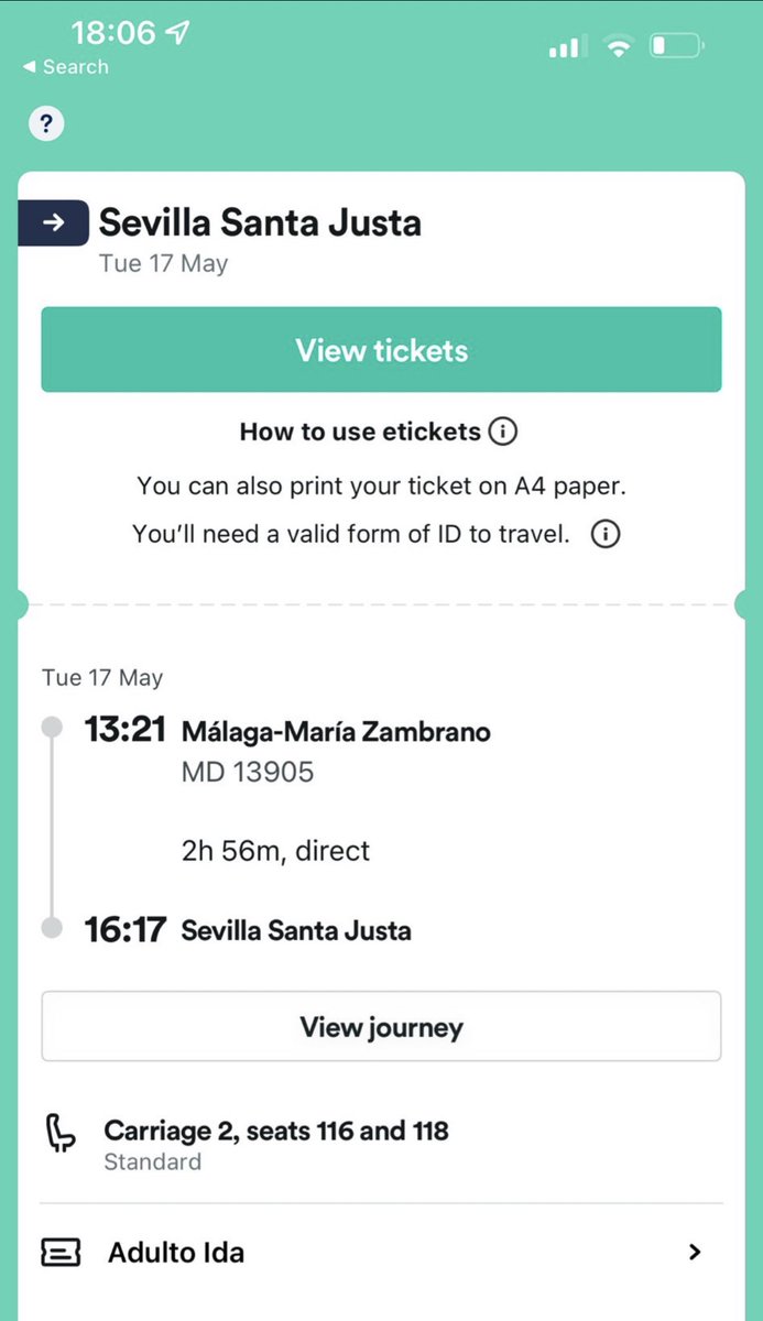 __lhml's tweet photo. @RangersUELFinal I have 2x train tickets from Malaga to Seville Tuesday, 17 May, departing 13:21 from Málaga-María Zambrano, arriving in Seville 16:17. Total: £46.23 https://t.co/7JSNrdZa2h