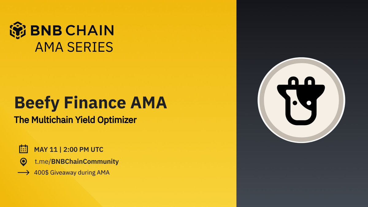 BNBCHAIN's tweet photo. There aren't many bulls in crypto right now, so we're bringing you some real beef! 🐂

Join us with @beefyfinance for a Telegram AMA

📅May 11
⏰14:00 UTC
📍https://t.co/IfwD2EU3Sz
🤑$400 giveaway during AMA https://t.co/tQlSPwOLnf