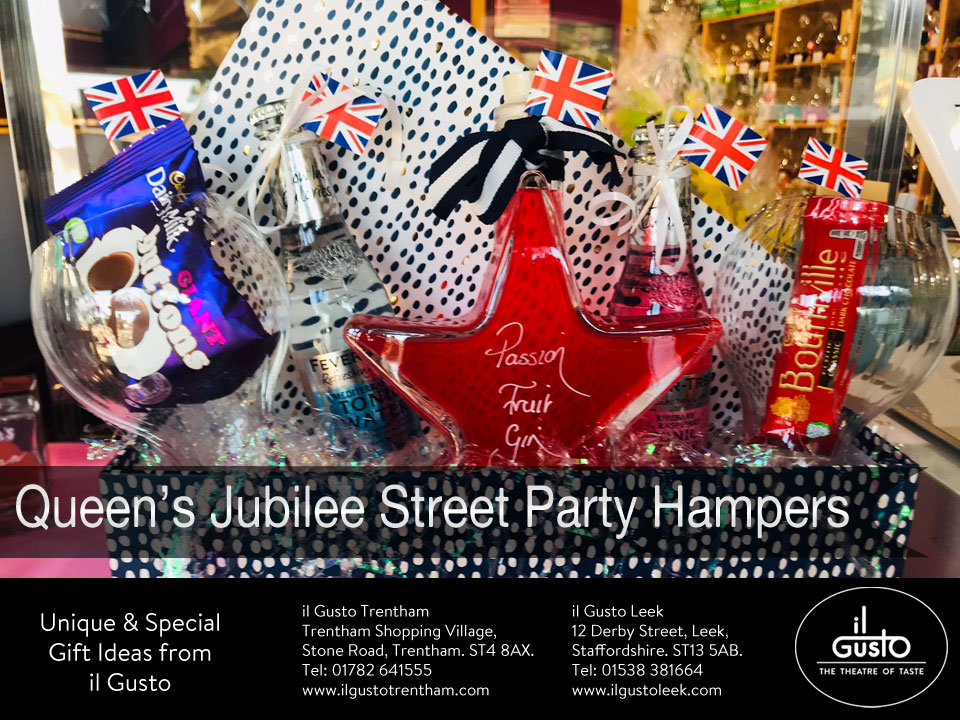 Party in style and celebrate Her Majesty's Platinum Jubilee with one of our themed Street Party Hampers.
il Gusto Leek, 12 Derby Street, Leek. ST13 5AB. 
Tel: 01538 381664
ilgustoleek.com