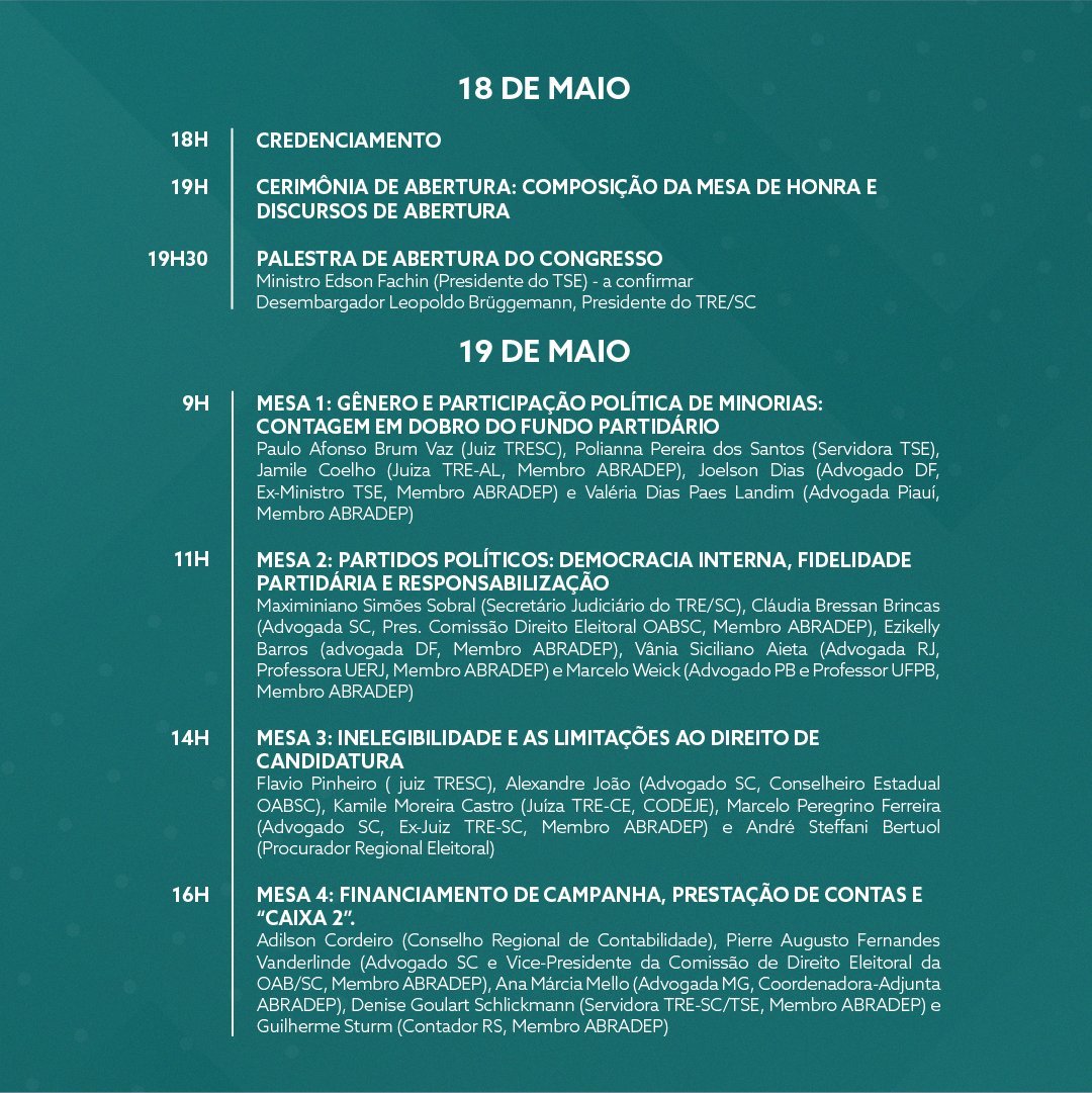 escoladaalesc's tweet photo. O 8º congresso catarinense de Direito Eleitoral será gratuito, aberto ao público e terá mesas de debates sobre diversos temas, com os melhores palestrantes do Brasil. Se liga nas atrações: https://t.co/CsM04tbTdP