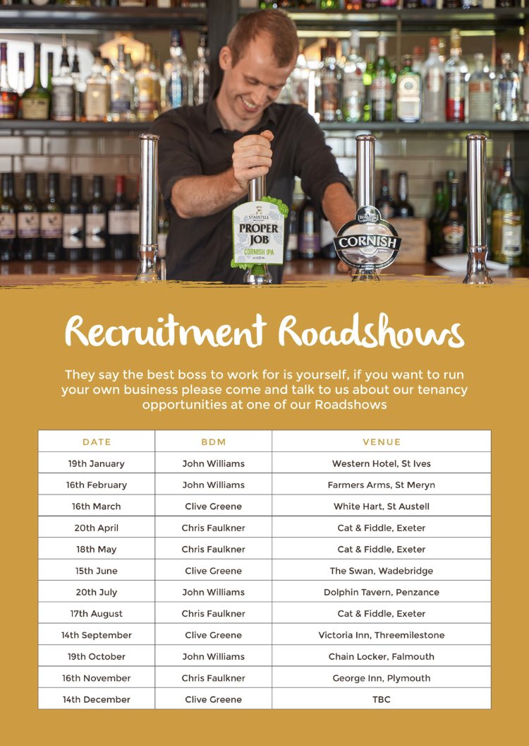 Come along and join me for a coffee and a chat to talk all things St Austell tenancies. I have some great, exciting opportunities in Devon and Somerset. 

Join me between 10am and 5pm.