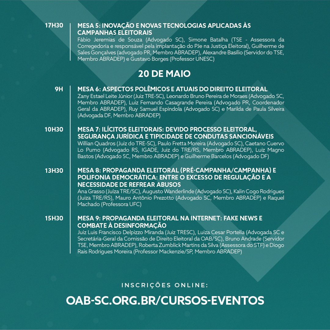 escoladaalesc's tweet photo. O 8º congresso catarinense de Direito Eleitoral será gratuito, aberto ao público e terá mesas de debates sobre diversos temas, com os melhores palestrantes do Brasil. Se liga nas atrações: https://t.co/CsM04tbTdP
