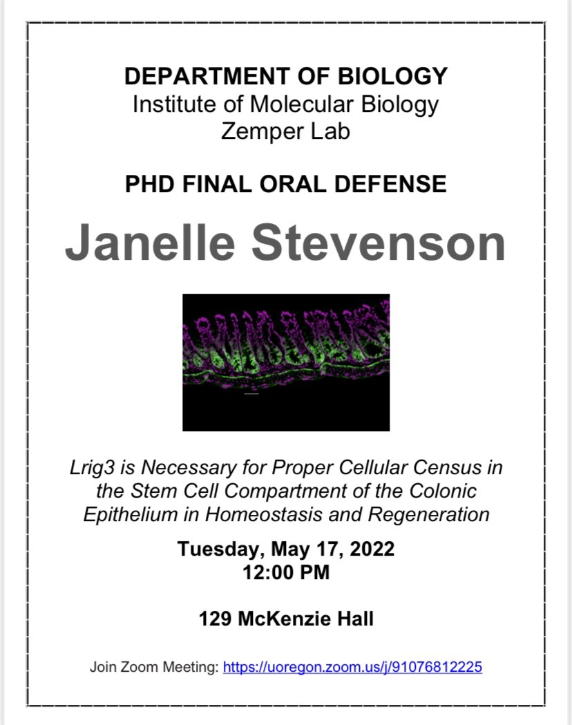 ZempLab's tweet photo. May is a big month for the @ZempLab For our next Act, @janelleadams goes from waiting-in-the-wings to center stage! One week from today she defends her PhD thesis. We can’t wait to see you crush it, Janelle! #GITwitter #colonstemcells #lrig3 https://t.co/jMt4pPvUjn