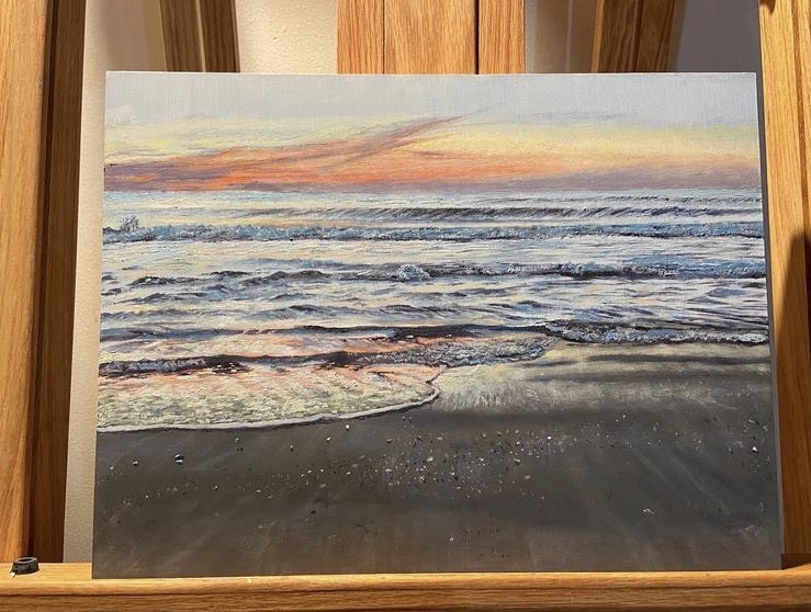 j_kolarsick's tweet photo. ‘Orange Skies’…16” by 12” oil painting, October 2021, by Jess Bell (me) on cradled panel….(this painting was sold). #oilpainting #sunrise #summertime #artistsontwitter #fineart #beachvibes https://t.co/c1t1Zokrnd