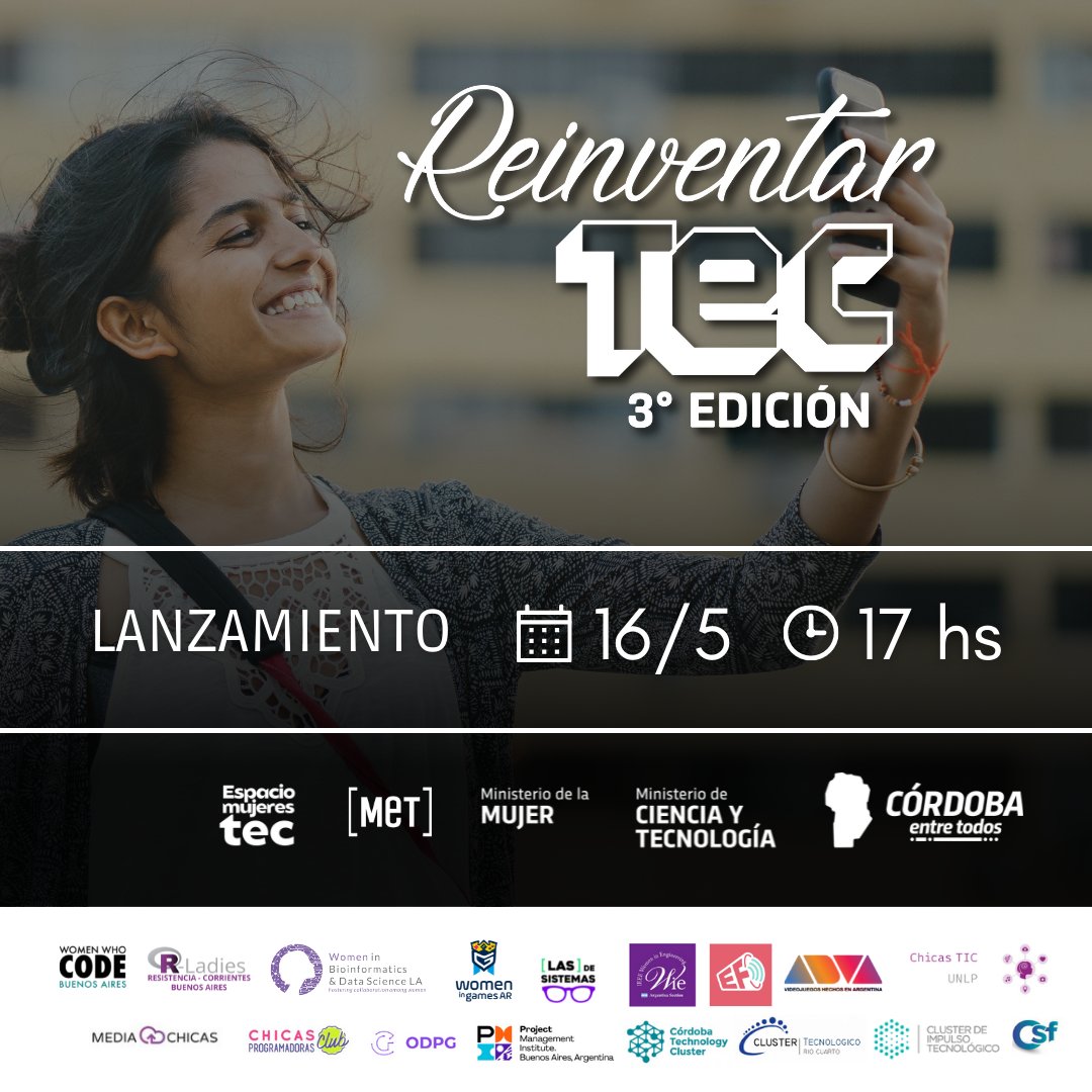 👩🏼‍🔧 ReinventarTEC 💡10 TALLERES 
¡Desarrollo Web, Metodologías Ágiles, Experiencia de personas usuarias (UX), No Code, Análisis de Datos, Videojuegos, Blockchain, Testing y más!

🗓️ Todos los lunes a partir del 16 de Mayo 
⏰ 17hs a 20hs

➕ info: mincyt.cba.gov.ar/reinventartec/
<a href="/mincyt/">mincyt</a>