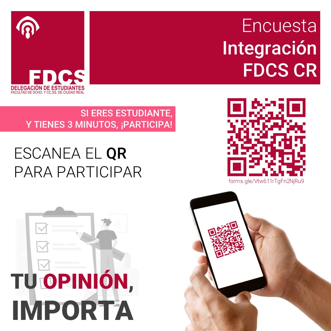 DelDerechoCCSS's tweet photo. Si eres estudiante de @Derecho_CR_UCLM, esto te interesa👇
Escanea el QR o accede al enlace https://t.co/8viiVmjzYd y cuéntanos qué opinas sobre la integración entre titulaciones y colectivos de nuestra Facultad. #FDCSCR🟥 https://t.co/SUSmuAhLOF