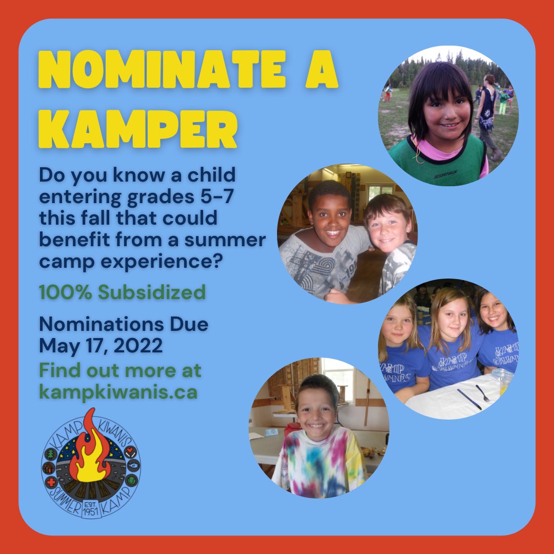 projectkampfire's tweet photo. 1 week left to submit nominations for Kamp Kiwanis Summer Camps 2022! Dates are now available. Go to https://t.co/bKojdmNXYG to find out more. #hereatkampkiwanis #kampkiwanisyyc #summercampsyyc https://t.co/0rtCL8GbLD