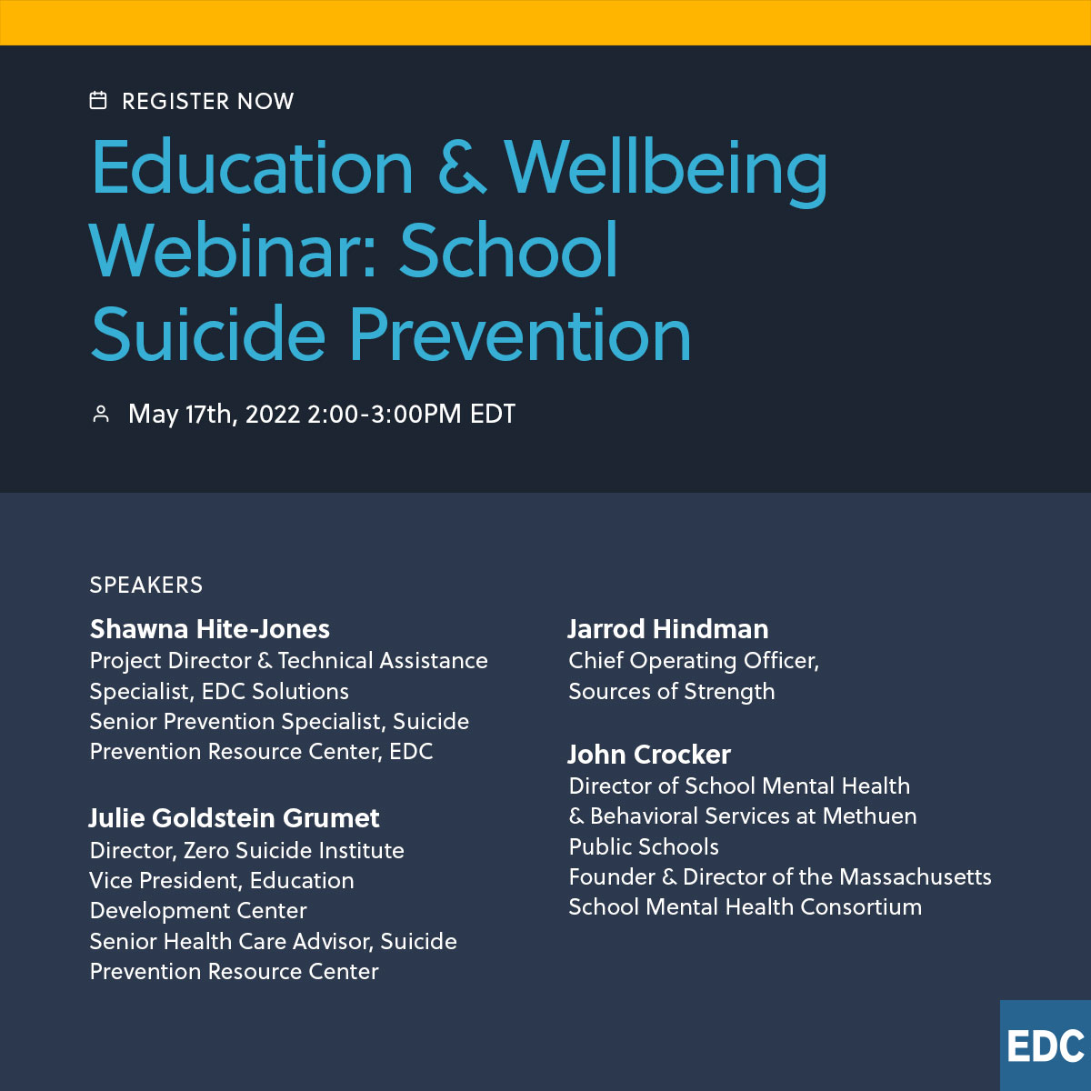 EDCtweets's tweet photo. Join us in one week for a free webinar! This #EDCSolutions event features a moderated panel of national education experts and leaders who will speak about the need for suicide prevention in schools. Sign up today: https://t.co/LxSxXGy5Vo https://t.co/AKeEGbDWyk
