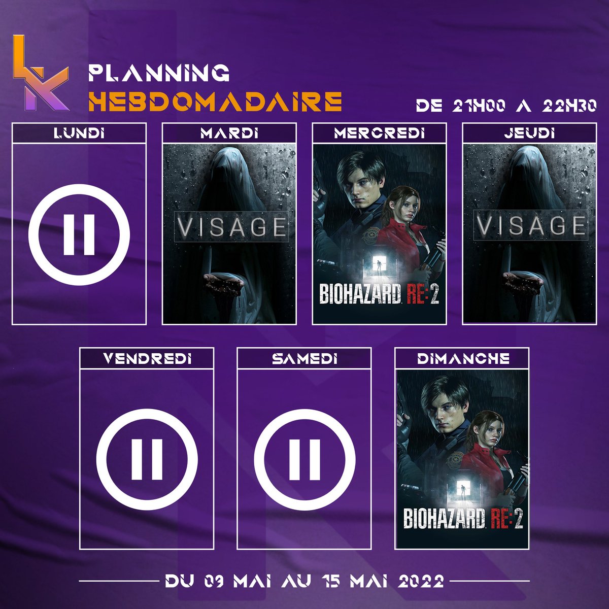 lowkleek's tweet photo. Hello les #kleekers 👋 Voici pour vous le nouveau #planning Twitch de cette semaine 🔥

Au programme la campagne de Claire sur #RE2 et la
découverte de Visage (on va frissonner 🥲)

#twitch #twitchfr #streaming #visagegame #planningtwitch https://t.co/NGG6xUGiOy