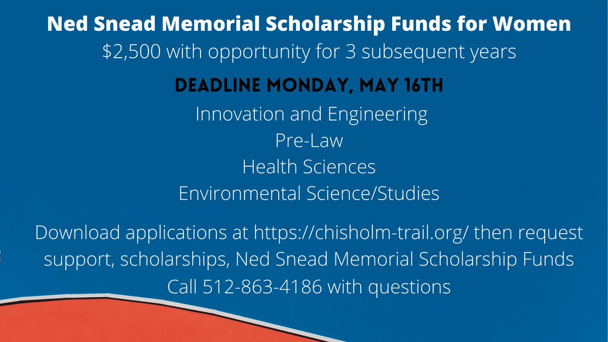 GeorgetownACF's tweet photo. The Ned Snead Memorial Scholarship Funds offers four different scholarships and is open to graduating female seniors at any Texas high school. Deadline is this coming Monday. https://t.co/AtRjXMlAUs @GeorgetownISD @EVpatriots @GeorgetownHS @EFNDcounselors @EVHS_Counselors https://t.co/orSzNn5fhG
