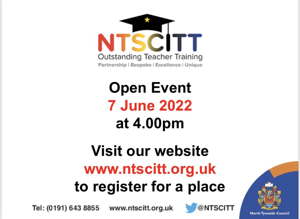 Interested in training to be a primary teacher? If so, why not come along to our open event on 7 June at 4.00pm to find out more about our unique programme. To register for the event please go to our website ntscitt.org.uk <a href="/NTCouncilTeam/">North Tyneside Council</a> @NorthTyneCA <a href="/educationnortht/">educationnorthtyneside</a>