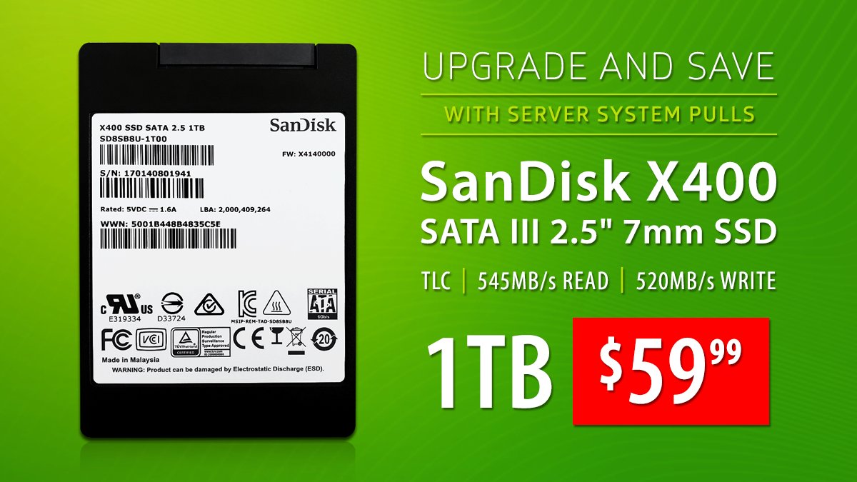 MyDigital's tweet photo. #NewArrivals: #Upgrade and #SAVE with #1TB #SanDisk X400 #SATA III 6Gbps 2.5-inch (7mm) #SED #SSD system pulls starting at only $59.99! 

Quantity pricing is available, get yours here: https://t.co/N0ADGbK4tL 

#EnterpriseStorage #DataStorage #Backup #PCUpgrade #SolidStateDrive https://t.co/tQj7qkAkRm