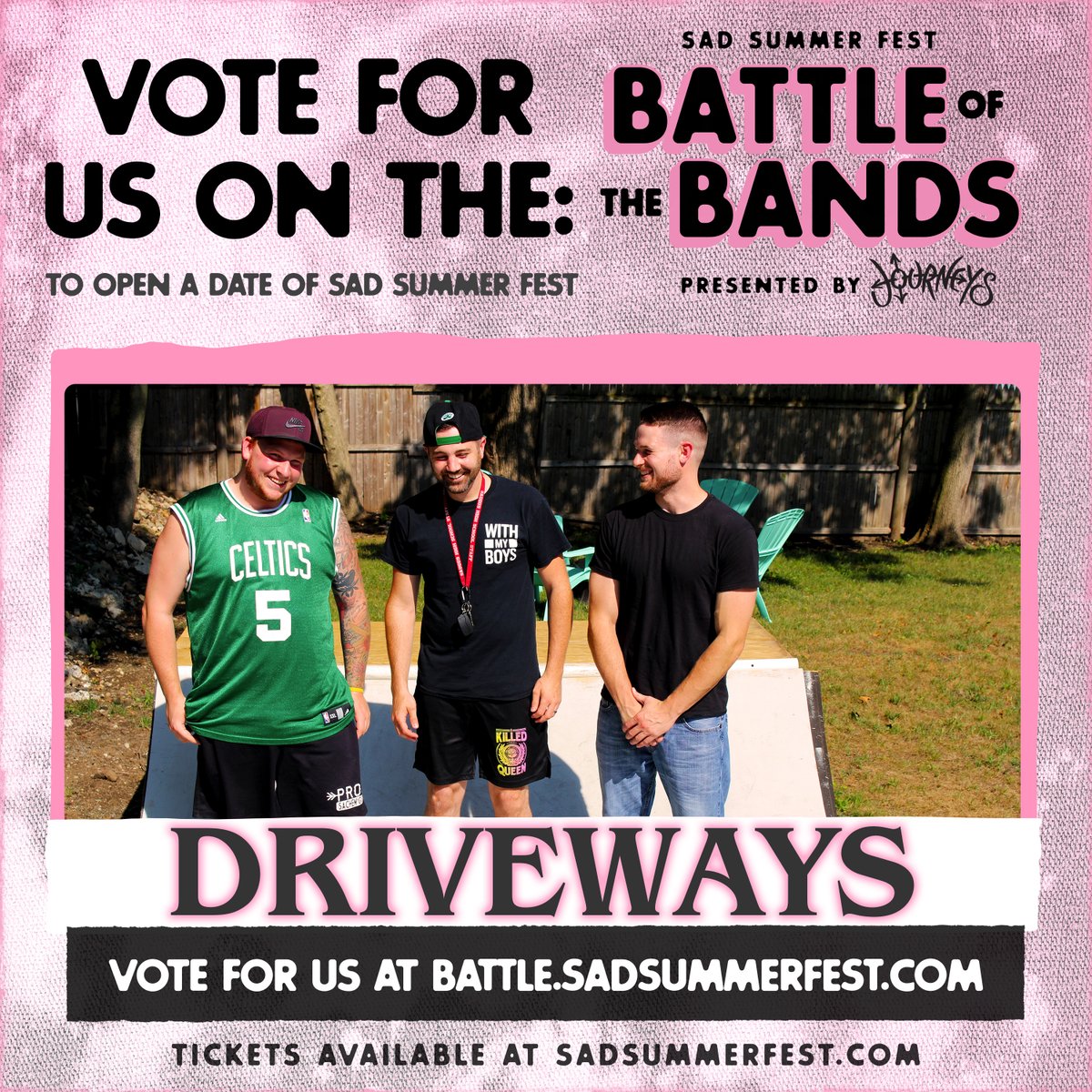 drivewaysband's tweet photo. We're excited to announce that we've entered the Sad Summer Fest 2022 presented by @journeys Battle of the Bands contest to open up a date of @sadsummerfest! We need your votes to win, so make sure you head to https://t.co/etbAJL8sUU now to cast your vote for us! https://t.co/iBlC07xaTq