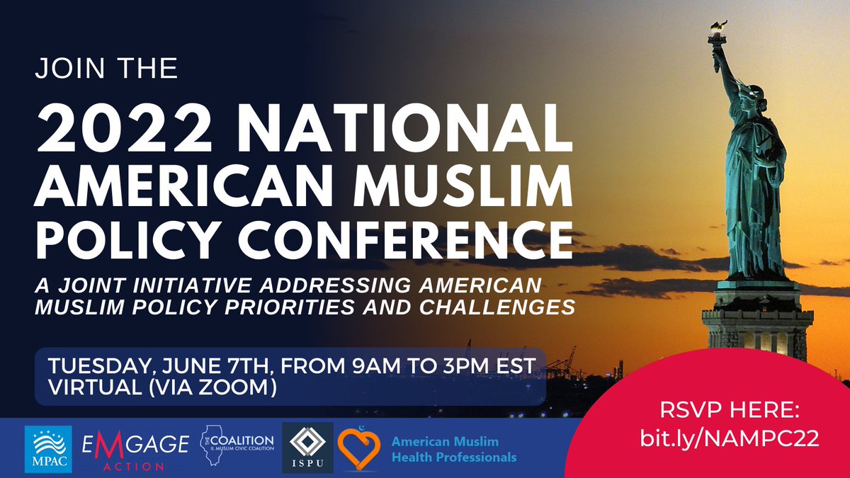 Our National Public Outreach group is hosting a conference on Tuesday, June 7th 2022 from 9:00 AM-3:00 PM EST. Register here <a href="/MuslimHealth/">AMHP</a> <a href="/EmgageAction/">Emgage Action</a> <a href="/TheISPU/">Institute for Social Policy and Understanding</a> <a href="/mpac_national/">MPAC</a> @ILMCCoalition #AmericanMuslims #MuslimNonProfits #publicpolicy #policymaking
lnkd.in/gKn3K6sU