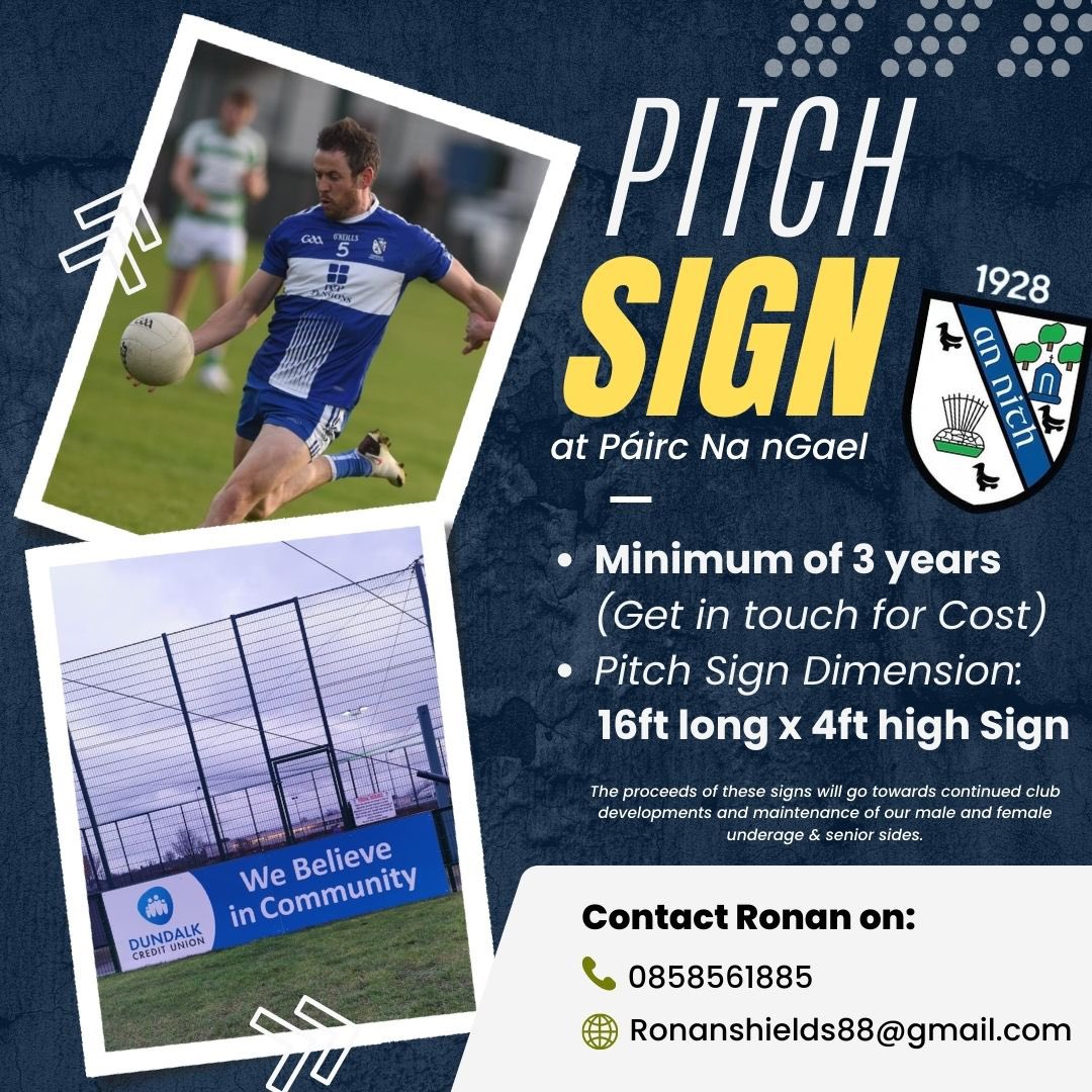 Anyone interested in having a pitch sign advertisement for their business, Get in touch with Ronan for more details 🔵⚪️ #dundalkgaels #gaa #lgfa #yourclubinyourcommunity #advertising