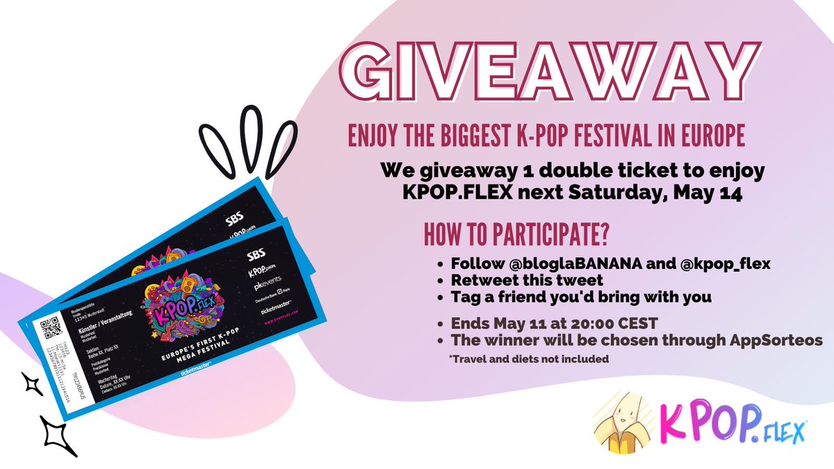 bloglaBANANA's tweet photo. [#SORTEO #GIVEAWAY 🎁]

🔸Consigue 1 entrada doble para el #KPOPFLEX en Frankfurt el 14 de mayo.
🔸Win 1 double ticket to @kpop_flex in Frankfurt on May 14.

🎶Reglas en imagen / Rules on image
🎟️Entradas aún disponibles / Sunday tickets still available👉 https://t.co/nxYmGGGtUS https://t.co/H4ggvtQjOc